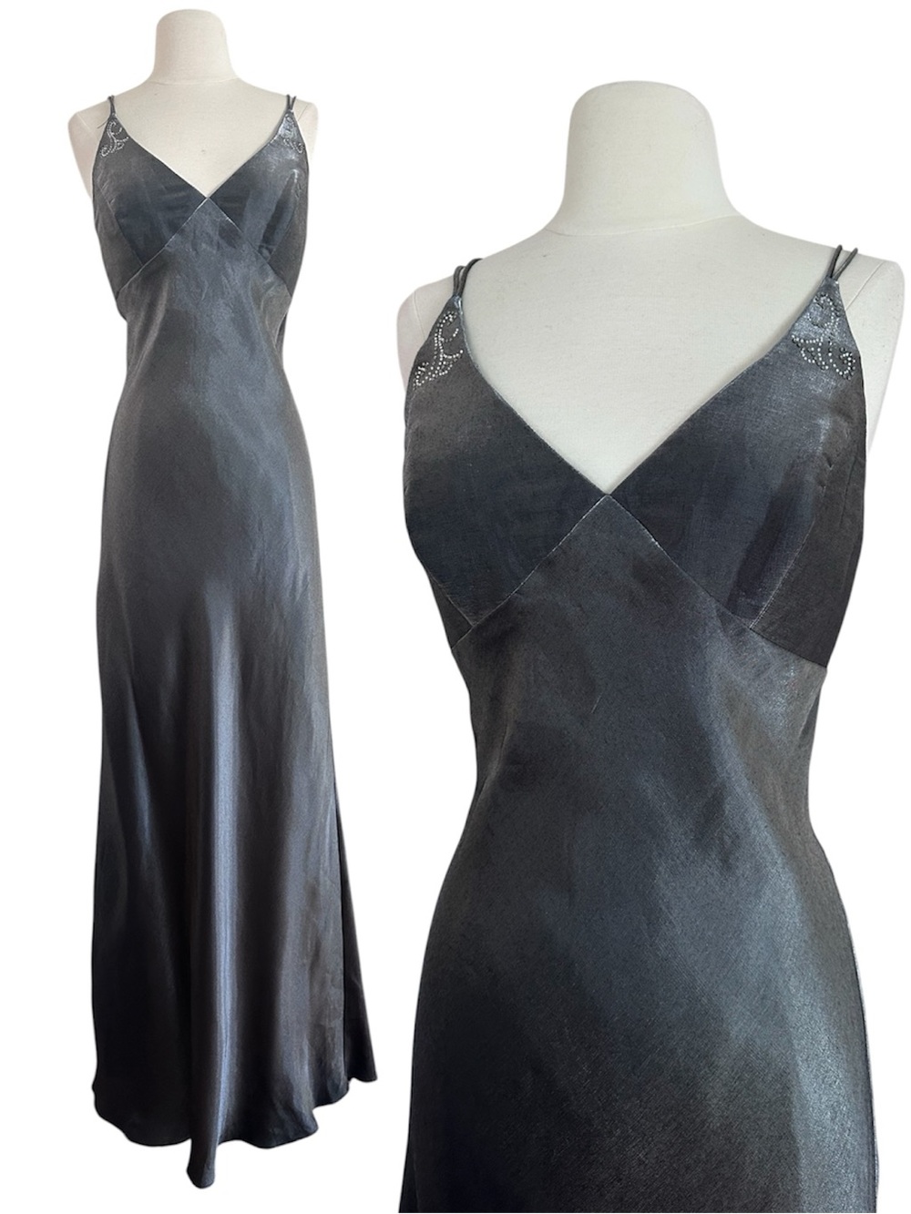 90s Y2K Iridescent Silver Prom Formal Dress Goth Fairy Sz S Lace Up Back